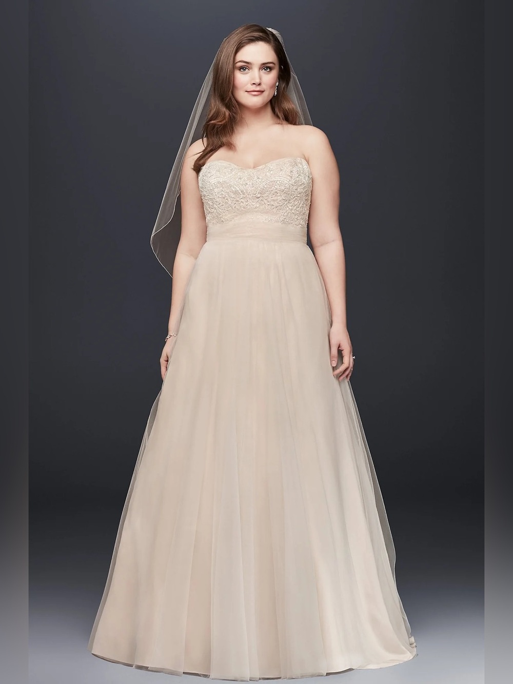 David's Bridal Strapless A-Line Beaded Lace Tulle Wedding Dress STYLE# WG3586